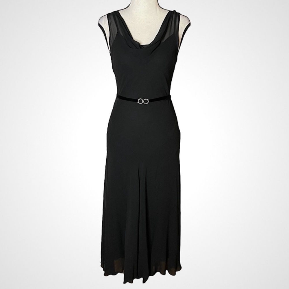 Vintage 90s Y2K 100% Silk Dress Silk Slip Dress Rhinestone Belt Sheer Black Cowl